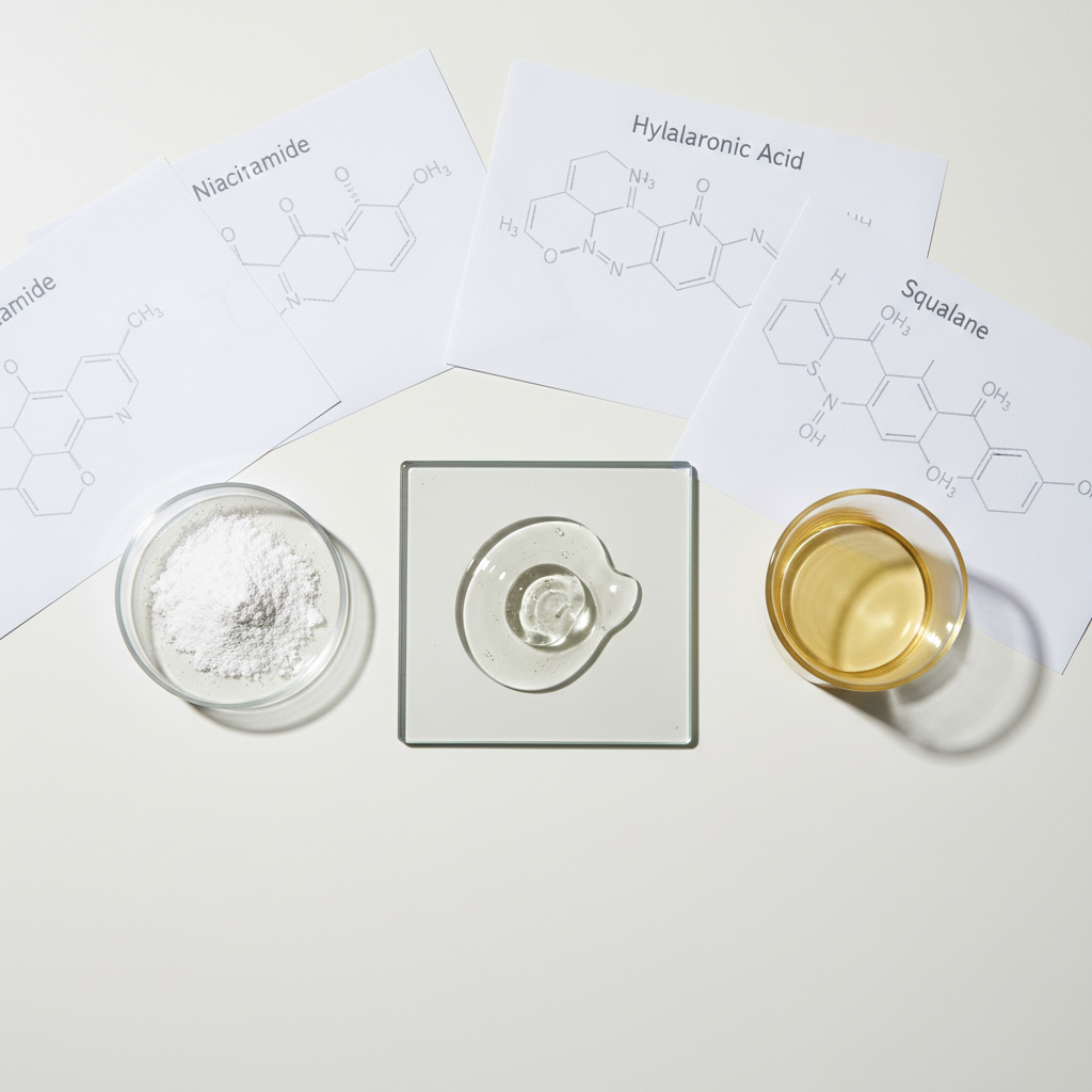 An arrangement of common skincare ingredients displayed as raw materials: a small clear dish of fine white niacinamide powder, a viscous pool of glossy hyaluronic gel on a glass plate, and a thin golden layer of lightweight facial oil in a shallow beaker. They are placed in a careful arc on a smooth matte off-white surface, with faint ingredient structures sketched in soft gray on paper in the background. Cool, even studio lighting from above creates crisp, accurate color and gentle shadows. Captured from a slightly elevated angle with sharp focus throughout, the image feels like an elegant flat lay in photographic realism, emphasizing clarity, ingredient breakdowns, and approachable cosmetic science education.