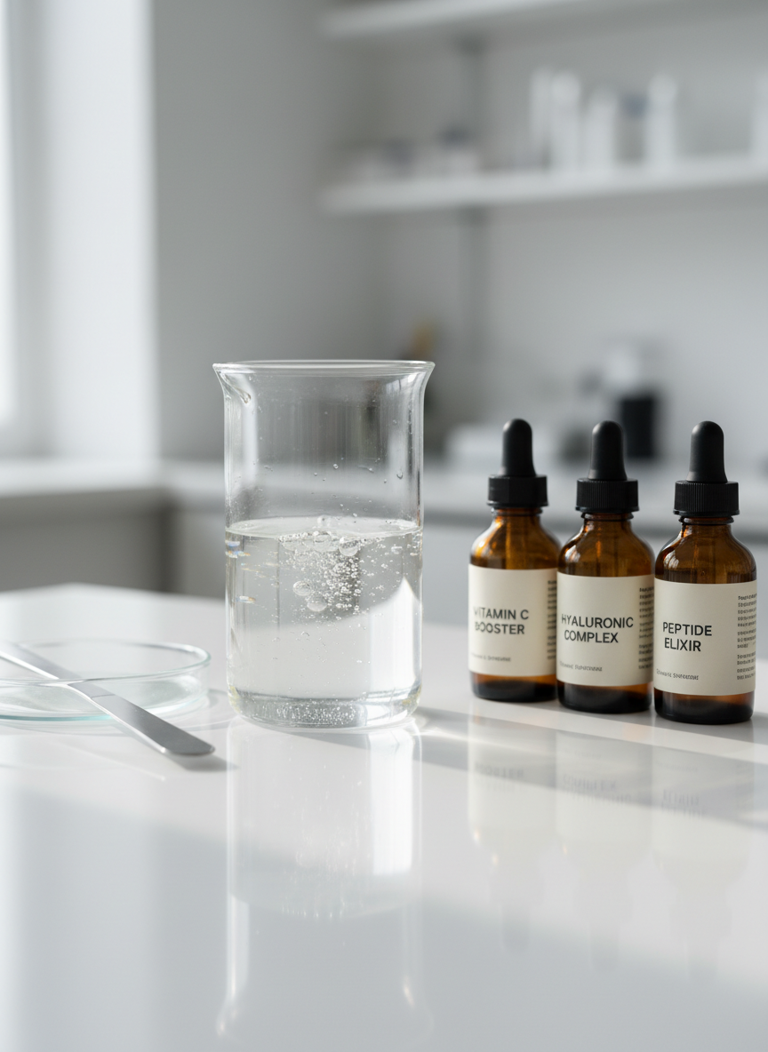 A sleek clear glass beaker filled halfway with a pale, translucent serum, tiny suspended bubbles visible near the surface. The beaker sits on a pristine white laboratory bench alongside neatly labeled amber glass dropper bottles and a stainless steel spatula resting on a glass Petri dish. Soft diffused daylight from an unseen window washes across the scene, creating gentle reflections on the glass and subtle shadows that emphasize clean lines. Shot at eye level with a shallow depth of field, the background blurs into an abstract suggestion of tidy lab shelves. The atmosphere is calm, sophisticated, and educational, with photographic realism and a minimalist aesthetic that conveys trustworthy, accessible cosmetic science.
