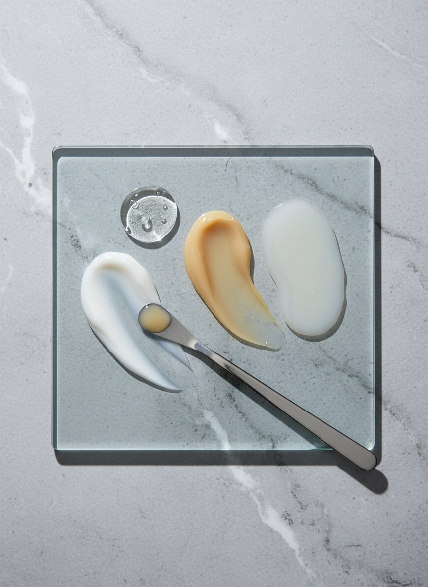 A modern, minimal skincare formula in progress on a clear glass slab: distinct streaks and dollops of different textures arranged side by side, including a silky white cream, a lightweight translucent gel, a rich opaque balm, and a milky lotion.