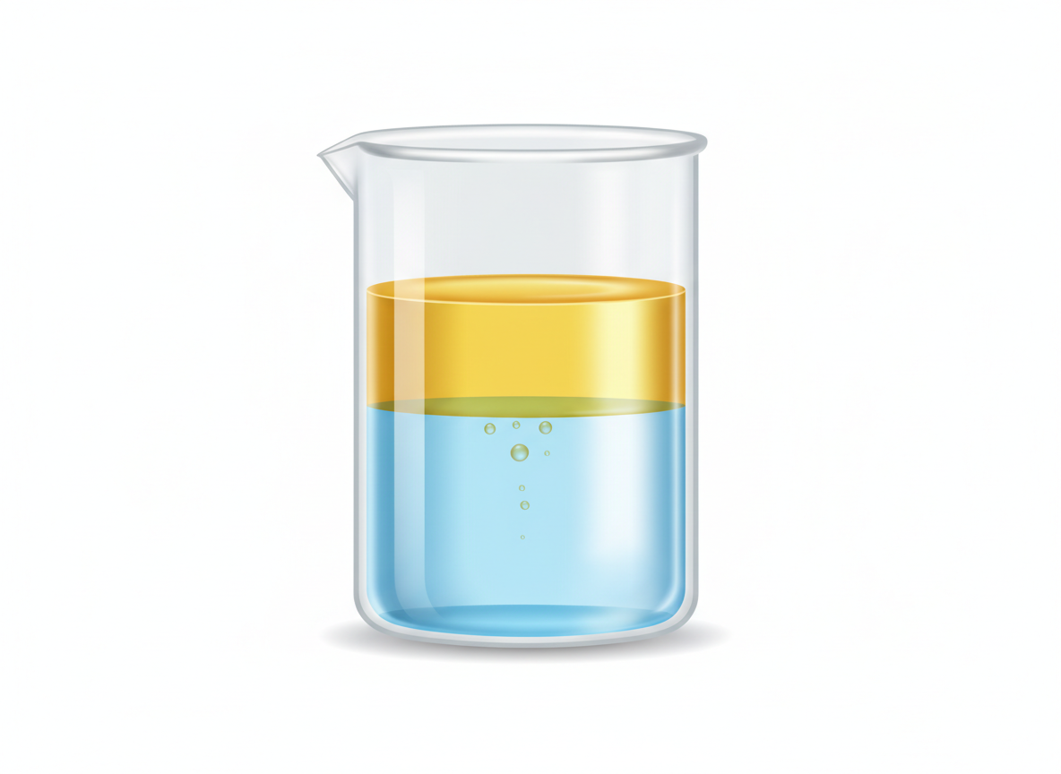 Laboratory beaker showing oil and water separating into two distinct layers