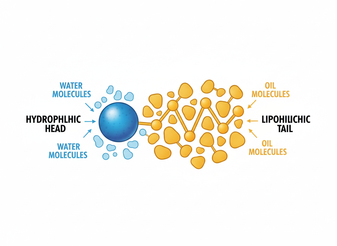 Scientific diagram of an amphiphilic emulsifier molecule showing hydrophilic head and lipophilic tail