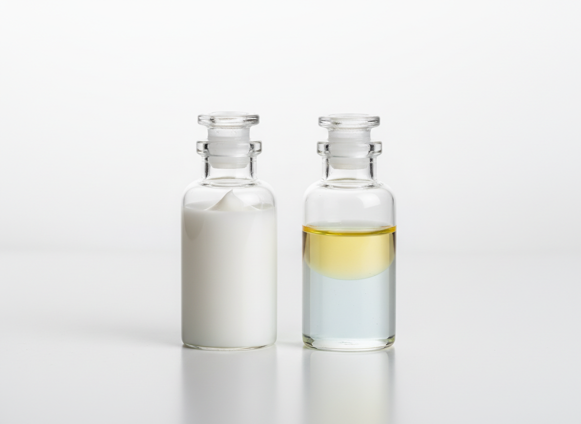 Visual comparison of a stable emulsion versus a separated cosmetic product showing phase separation